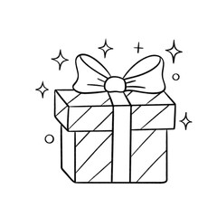 Striped gift box with ribbon and sparkles in elegant black and white festive line art illustration
