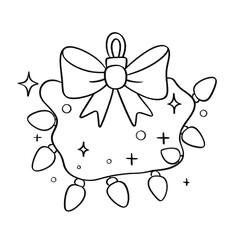 Festive decoration with bow and Christmas lights in whimsical black and white holiday line art style
