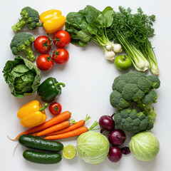 Assortment of fresh vegetables arranged in a square frame on a white background studio shot