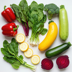 Overhead shot of an assortment of fresh vegetables on a white surface in daylight