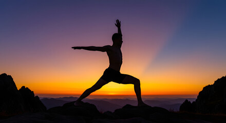 Sunrise Warrior Pose Silhouette Peaceful Yoga in Mountain Serenity