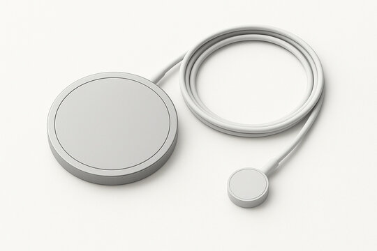 White magnetic round charger with a phone charging cord on a white background, template, background, empty space for text, technology, mobile, smartphone, iPhone, Android