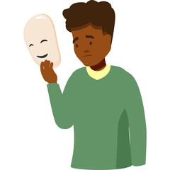 Man Holding a Smiling Mask Hiding Sadness and Loneliness Concept of Depression and Emotional Facade with Green Sweater and Transparent Background