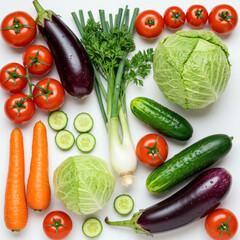 Overhead view of fresh vegetables including tomatoes eggplants cucumbers and cabbage on white