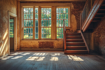 Elegant generative ai depiction of a bright, empty room with ornate classical architecture and large windows letting in sunlight