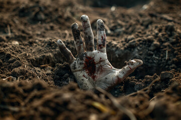 Bloody undead hand emerging from grave dirt during dark horror halloween scene in creepy cemetery atmosphere, generative ai
