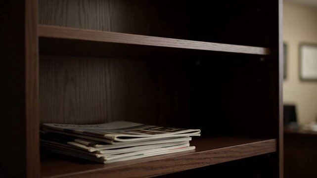 A close-up shot of a wooden bookshelf with a stack of magazines on the bottom shelf.