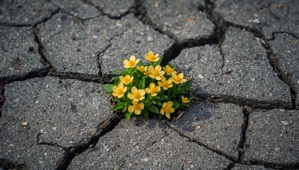 Obraz premium Yellow Blooms Amidst Cracked Earth, A Study in Contrast and Delicate Resilience.