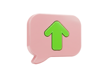 Isolated pink message bubble with green up arrow. Modern 3D graphics and trendy design