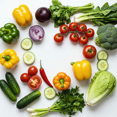 An overhead shot of fresh vegetables including peppers tomatoes cucumbers and onions spread out