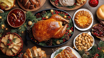 Homemade Christmas traditional foods and desserts on a wooden table with holiday decorations, top view.