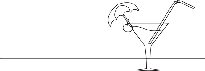 Cocktail glass with umbrella one continuous line art, Vector illustration, One line art, Line art graphic style