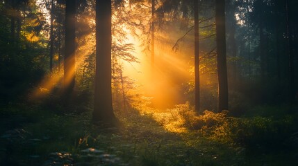 Golden sunlight rays illuminate a misty forest with tall trees and lush greenery.