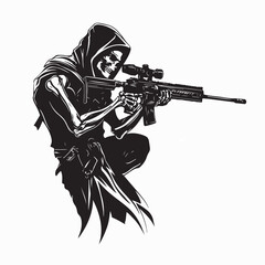 Hooded Skull Sniper Vector Illustration on white background