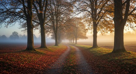 Naklejka premium Autumn road lined with trees and fog