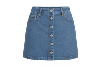 Blue denim button-front mini skirt. Fashion and clothing. Casual woven fabric apparel for women