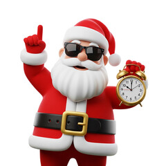 Cool Santa Claus with Sunglasses Holding Alarm Clock and Pointing Up - Christmas Deadline 3D Render