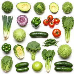 A flat lay of assorted fresh vegetables and fruits arranged on a white surface evenly spaced