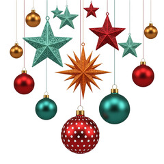 Hanging Christmas Ornaments and Stars Isolated on White Background - Holiday Decoration