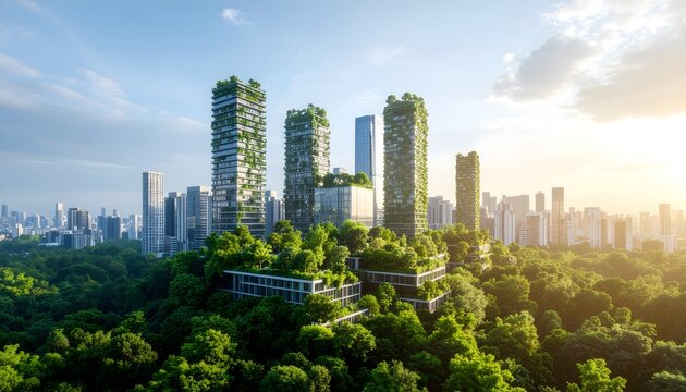 Eco-friendly modern city skyline with green architecture and trees