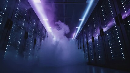 Data center server room with cloud computing infrastructure and network connectivity. Modern technology facility corridor with digital storage systems, cybersecurity architecture, and enterprise - Powered by Adobe