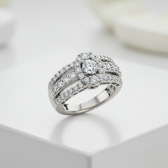Close up of a silver ring with multiple rows of diamonds on a white surface setting