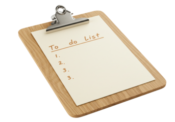 Isolated to-do list on a clipboard on surface, a list of numbered items, business organizer