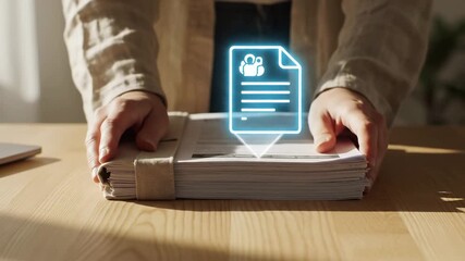 Document digitalization and paperless office transformation with holographic file projection over paper stack. Digital data management, electronic archive storage, workflow automation, and cloud - Powered by Adobe