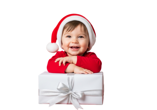 Happy Baby in Santa Hat Leaning on White Christmas Gift Box Isolated on White Background
