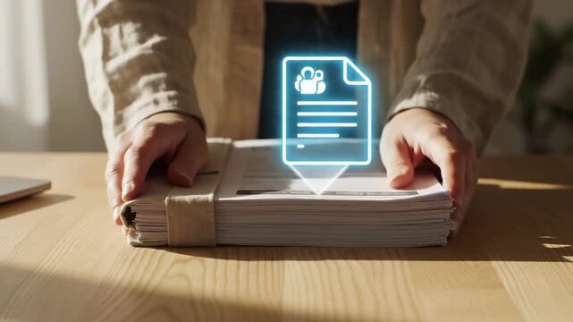 Document digitalization and paperless office transformation with holographic file projection over paper stack. Digital data management, electronic archive storage, workflow automation, and cloud