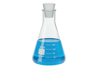 Isolated blue liquid in science glass flask with stopper for chemistry and biology lab test