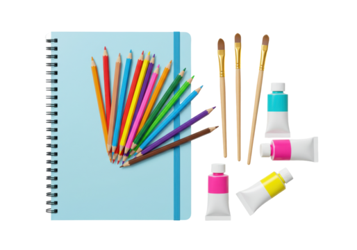 Isolated art supplies with sketch book, paint brushes, colored pencils and paint tubes