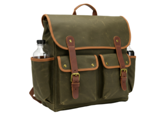 Isolated waxed canvas backpack, olive green, leather details, with water bottles, vintage look