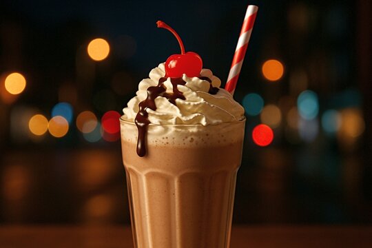Decadent chocolate milkshake topped with whipped cream cherry and drizzled chocolate sauce served in glass with striped straw