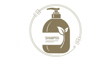 Elegant shampoo bottle logo, showcasing a minimalist design with a leaf accent, symbolizing natural and organic ingredients