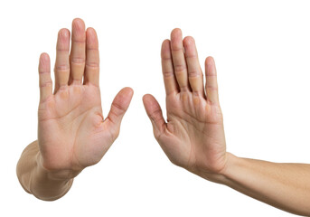 Isolated male hands making a stop gesture, caucasian skin, palm up, body language, stop