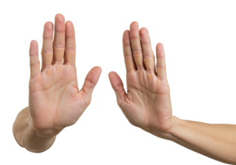 Isolated male hands making a stop gesture, caucasian skin, palm up, body language, stop