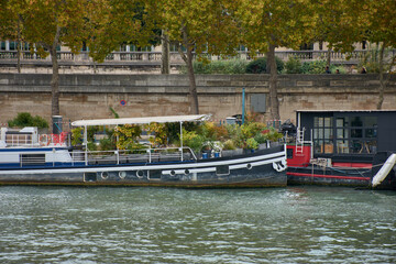 Houseboat barge moored on the Seine River in Paris with a deck garden and autumn trees on the riverbank