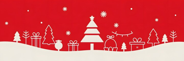 Minimalist Christmas holiday background with elegant trees, gifts, snowflakes on a vibrant red canvas, festive winter scene, modern design, copy space, season's greetings.