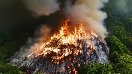 A large fire burning in the middle of a forest with flames and smoke rising high into the air, ideal for use in news or environmental reports