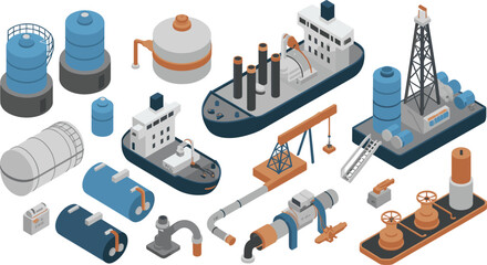 Isometric 3D illustration of oil and gas industry equipment, storage tanks, pipelines, ships, drilling rigs, and refinery components design