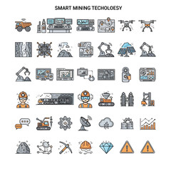 Comprehensive collection of industrial mining and excavation icons, featuring heavy machinery, worker tools, raw materials, and underground structures for resource extraction and construction projects
