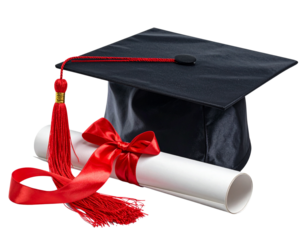 Graduation Cap Angled on Diploma, Slight Tilt with Ribbon Flowing, Isolated on Transparent Background