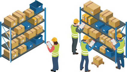 Isometric 3D illustration of warehouse inventory management with workers checking shelves, boxes, logistics storage, and industrial supply chain organization