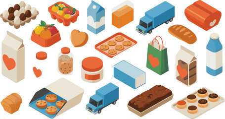 Isometric 3D illustration of various food items, bakery products, milk cartons, delivery trucks, and grocery goods for culinary design