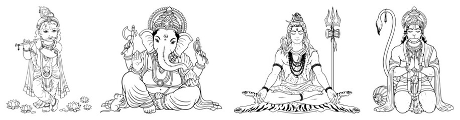 Hindu Deities Line Art Vector Set Krishna Ganesha Shiva Hanuman Monochrome Outline Illustration