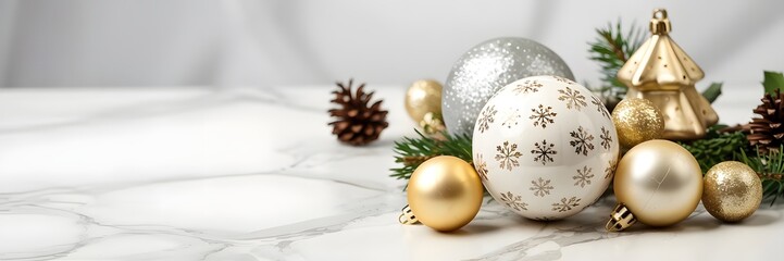 Elegant Christmas decorations, modern festive background with luxurious golden & silver ornaments, pine cones, branches, white marble texture, winter design, beautiful copy space.