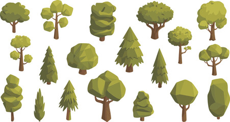 Set of 20 isometric cartoon trees, stylized nature illustration, green forest elements, landscape design, and eco environment decoration graphics