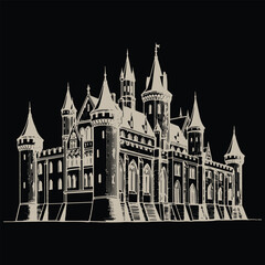 Obraz premium Engraved illustration of a gothic castle on black background