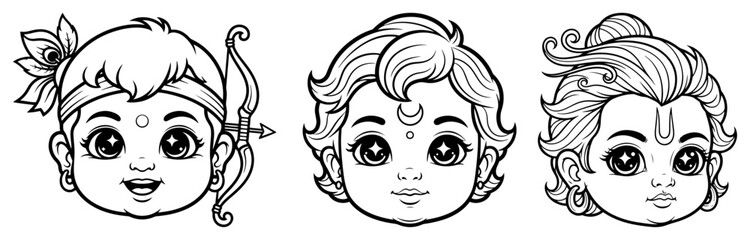 Little Krishna Rama and Shiva cute cartoon faces Black and white line art vector illustration for kids